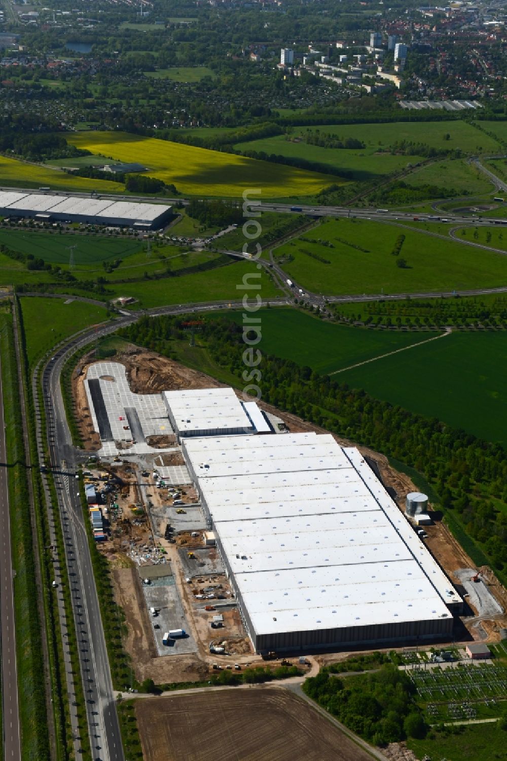 Aerial photograph Leipzig - Construction site to build a new building complex on the site of the logistics center of BMW Group on BMW-Allee in Leipzig in the state Saxony, Germany