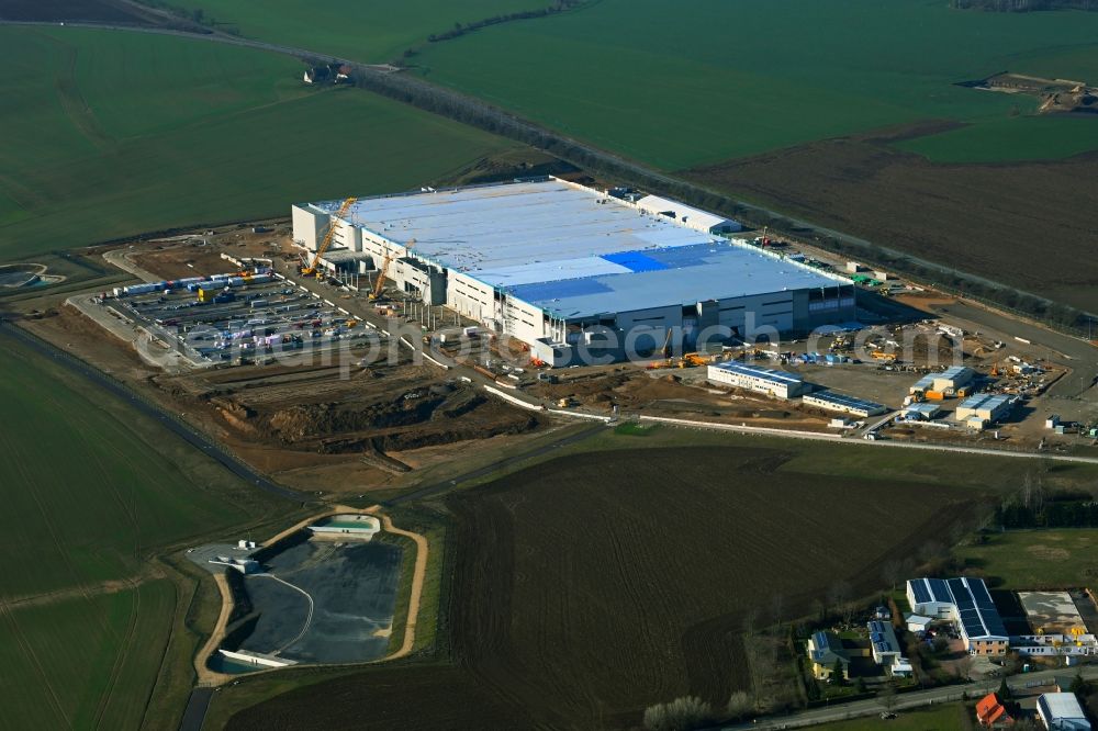 Aerial image Cretzschwitz - Construction site to build a new building complex on the premises of the Amazon logistics center in Cretzschwitz in the state Thuringia, Germany