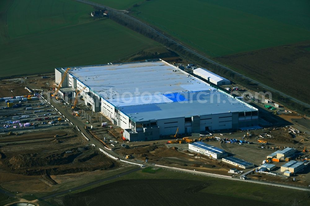 Aerial photograph Cretzschwitz - Construction site to build a new building complex on the premises of the Amazon logistics center in Cretzschwitz in the state Thuringia, Germany