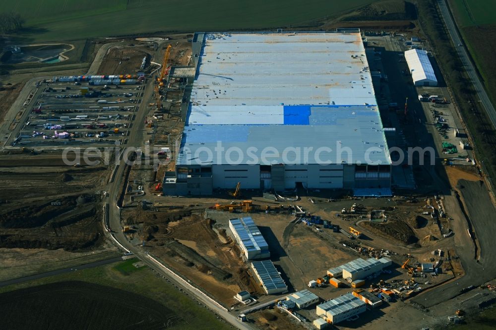 Cretzschwitz from above - Construction site to build a new building complex on the premises of the Amazon logistics center in Cretzschwitz in the state Thuringia, Germany