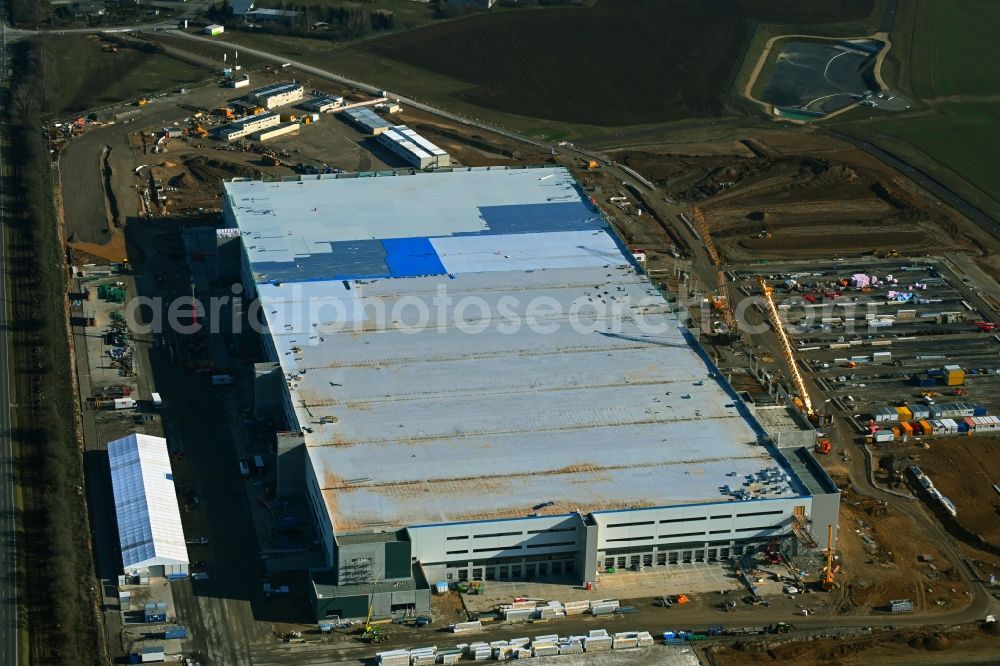 Cretzschwitz from the bird's eye view: Construction site to build a new building complex on the premises of the Amazon logistics center in Cretzschwitz in the state Thuringia, Germany