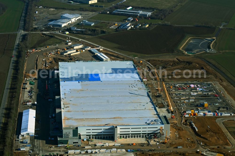 Aerial image Cretzschwitz - Construction site to build a new building complex on the premises of the Amazon logistics center in Cretzschwitz in the state Thuringia, Germany