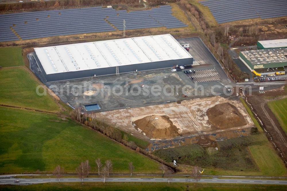 Aerial image Meschede - Construction site to build a new building complex on the site of the logistics center of Briloner Leuchten GmbH & Co. KG Am Steinbach in Meschede in the state North Rhine-Westphalia, Germany