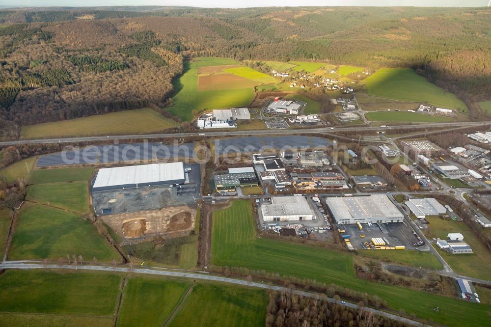 Aerial photograph Meschede - Construction site to build a new building complex on the site of the logistics center of Briloner Leuchten GmbH & Co. KG Am Steinbach in Meschede in the state North Rhine-Westphalia, Germany