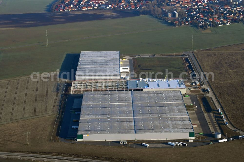 Aerial image Erfurt - Construction site to build a new building complex on the site of the logistics center of GIEAG Immobilien AG on Joseph-Meyer-Strasse in Erfurt in the state Thuringia, Germany