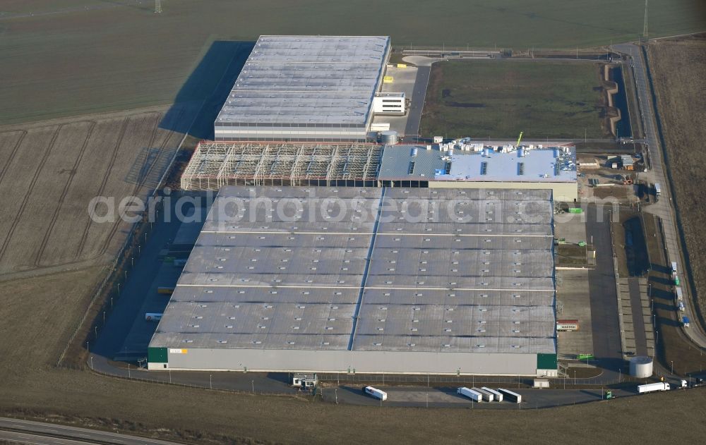 Erfurt from above - Construction site to build a new building complex on the site of the logistics center of GIEAG Immobilien AG on Joseph-Meyer-Strasse in Erfurt in the state Thuringia, Germany