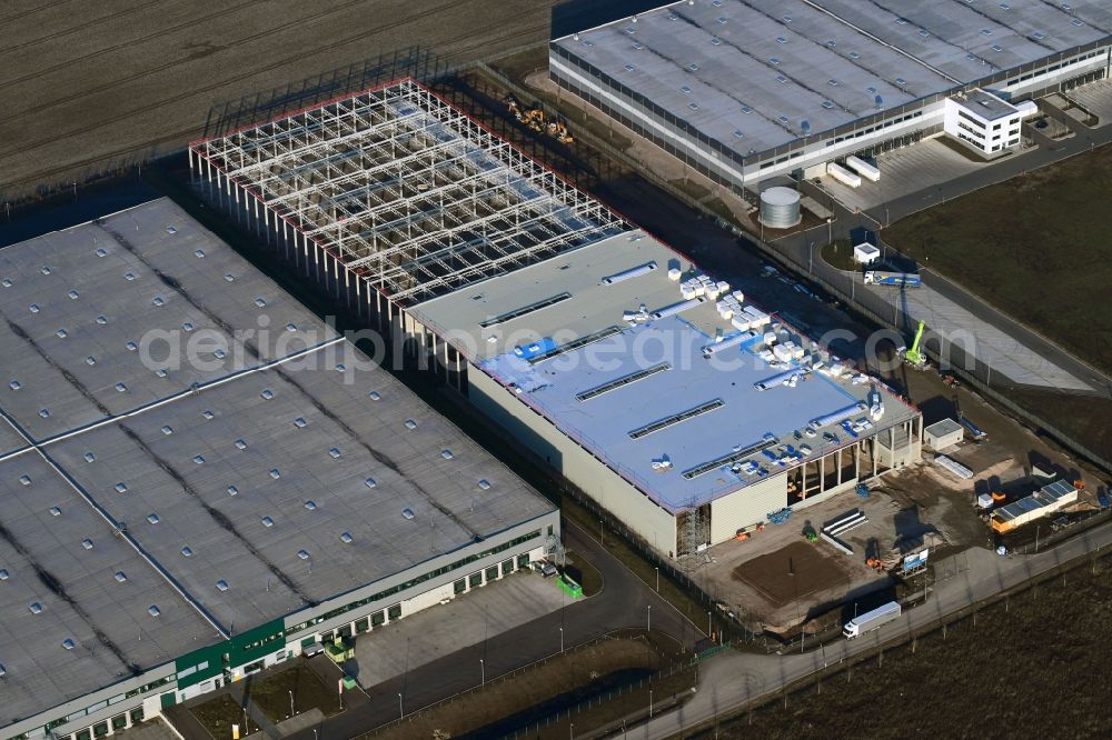 Erfurt from above - Construction site to build a new building complex on the site of the logistics center of GIEAG Immobilien AG on Joseph-Meyer-Strasse in Erfurt in the state Thuringia, Germany