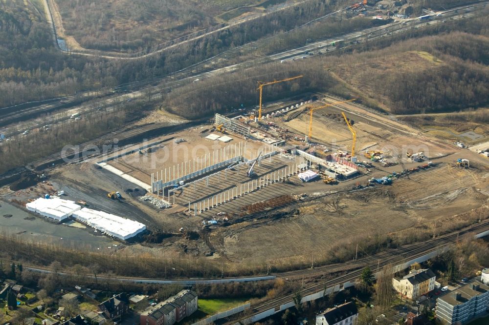 Herne from the bird's eye view: Construction site to build a new building complex on the site of the logistics center of NORDFROST GmbH & Co. KG Am Malakowturm in Herne in the state North Rhine-Westphalia, Germany