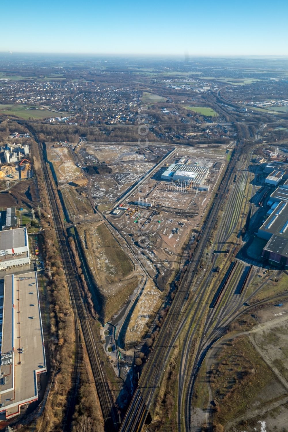 Aerial photograph Dortmund - Construction site to build a new building complex on the site of the logistics center REWE DORTMUND Grosshandel eG on Rueschebrinkstrasse in Dortmund in the state North Rhine-Westphalia, Germany