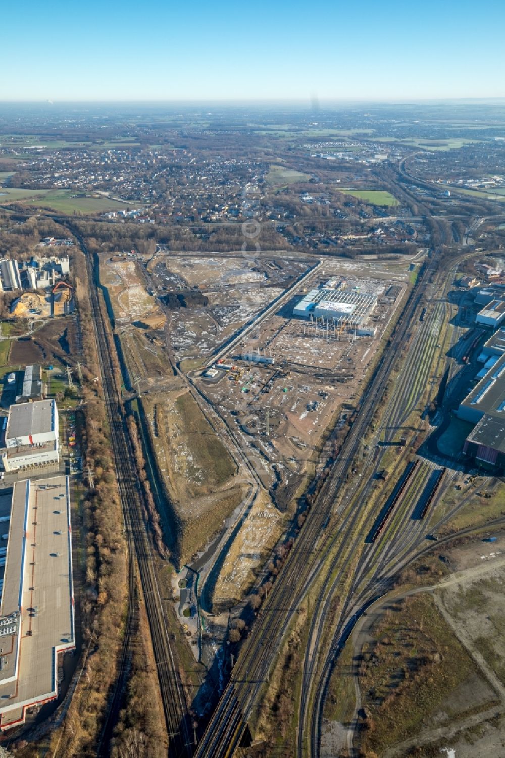 Dortmund from above - Construction site to build a new building complex on the site of the logistics center REWE DORTMUND Grosshandel eG on Rueschebrinkstrasse in Dortmund in the state North Rhine-Westphalia, Germany