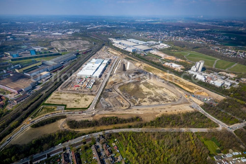 Dortmund from the bird's eye view: Construction site to build a new building complex on the site of the logistics center REWE DORTMUND Grosshandel eG on Rueschebrinkstrasse in Dortmund in the state North Rhine-Westphalia, Germany