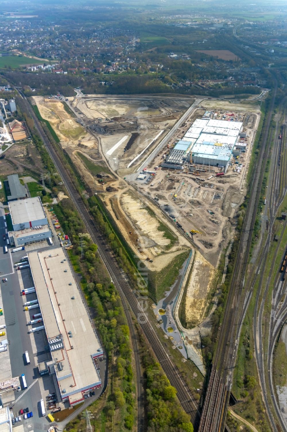 Dortmund from above - Construction site to build a new building complex on the site of the logistics center REWE DORTMUND Grosshandel eG on Rueschebrinkstrasse in Dortmund in the state North Rhine-Westphalia, Germany