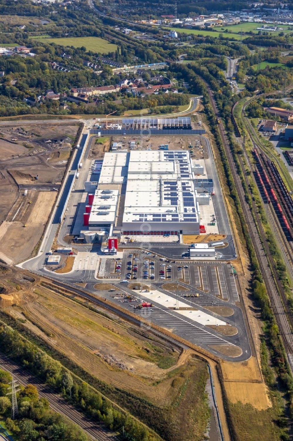 Dortmund from above - Construction site to build a new building complex on the site of the logistics center REWE DORTMUND Grosshandel eG on Rueschebrinkstrasse in Dortmund in the state North Rhine-Westphalia, Germany