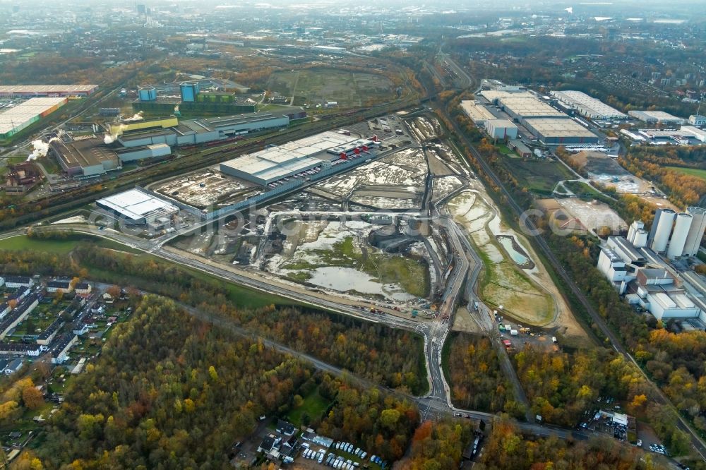 Dortmund from the bird's eye view: Construction site to build a new building complex on the site of the logistics center REWE DORTMUND Grosshandel eG on Rueschebrinkstrasse in Dortmund in the state North Rhine-Westphalia, Germany