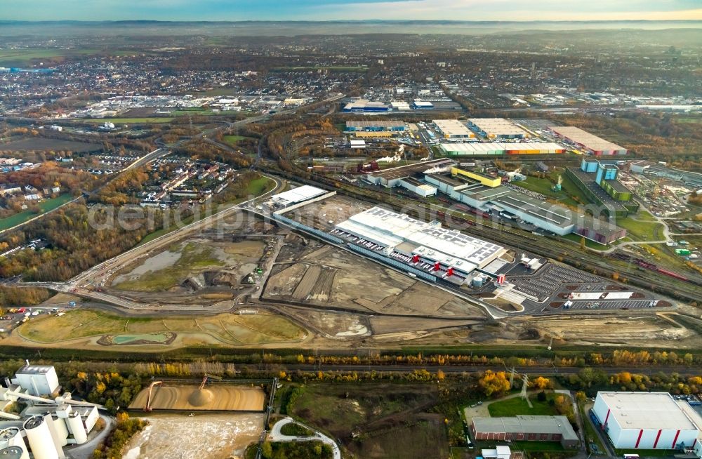 Dortmund from the bird's eye view: Construction site to build a new building complex on the site of the logistics center REWE DORTMUND Grosshandel eG on Rueschebrinkstrasse in Dortmund in the state North Rhine-Westphalia, Germany