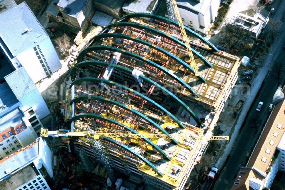 Aerial image - Construction of the Ludwig Erhard Haus (LEH) in Berlin Charlottenburg. The LEH was built by the architects Nicholas Grimshaw & Partner. In the building are the IHK Berlin, the Berlin Stock Exchange and other important institutions of the regional economy