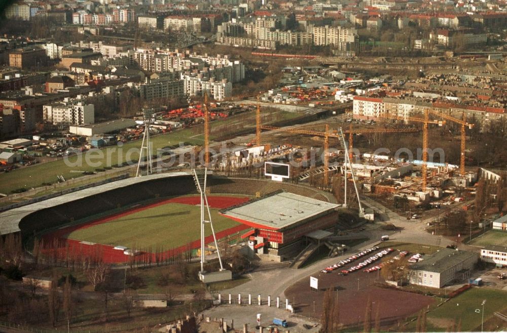 Aerial image Berlin - Construction site for the new building of Max-Schmeling-Halle in Friedrich-Ludwig-Jahn-Sportpark in the district Prenzlauer Berg in Berlin, Germany