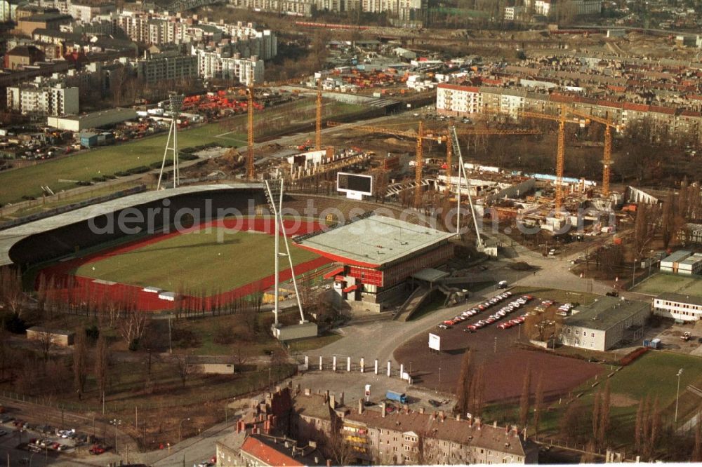 Aerial image Berlin - Construction site for the new building of Max-Schmeling-Halle in Friedrich-Ludwig-Jahn-Sportpark in the district Prenzlauer Berg in Berlin, Germany