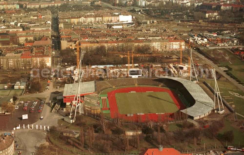 Berlin from above - Construction site for the new building of Max-Schmeling-Halle in Friedrich-Ludwig-Jahn-Sportpark in the district Prenzlauer Berg in Berlin, Germany