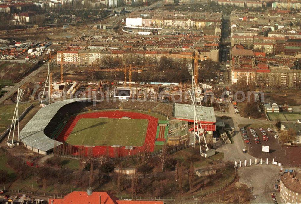 Aerial image Berlin - Construction site for the new building of Max-Schmeling-Halle in Friedrich-Ludwig-Jahn-Sportpark in the district Prenzlauer Berg in Berlin, Germany