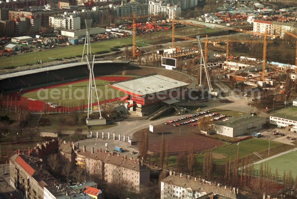 Berlin from the bird's eye view: Construction site for the new building of Max-Schmeling-Halle in Friedrich-Ludwig-Jahn-Sportpark in the district Prenzlauer Berg in Berlin, Germany