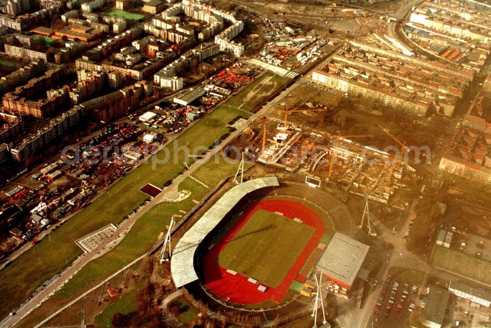 Berlin from above - Construction site for the new building of Max-Schmeling-Halle in Friedrich-Ludwig-Jahn-Sportpark in the district Prenzlauer Berg in Berlin, Germany