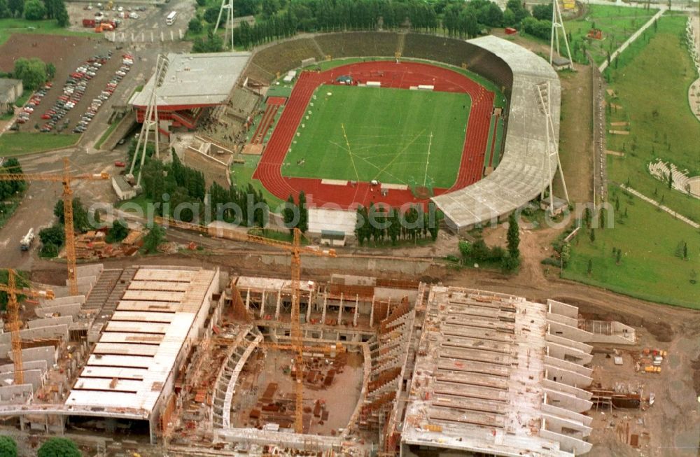 Berlin from above - Construction site for the new building of Max-Schmeling-Halle in Friedrich-Ludwig-Jahn-Sportpark in the district Prenzlauer Berg in Berlin, Germany