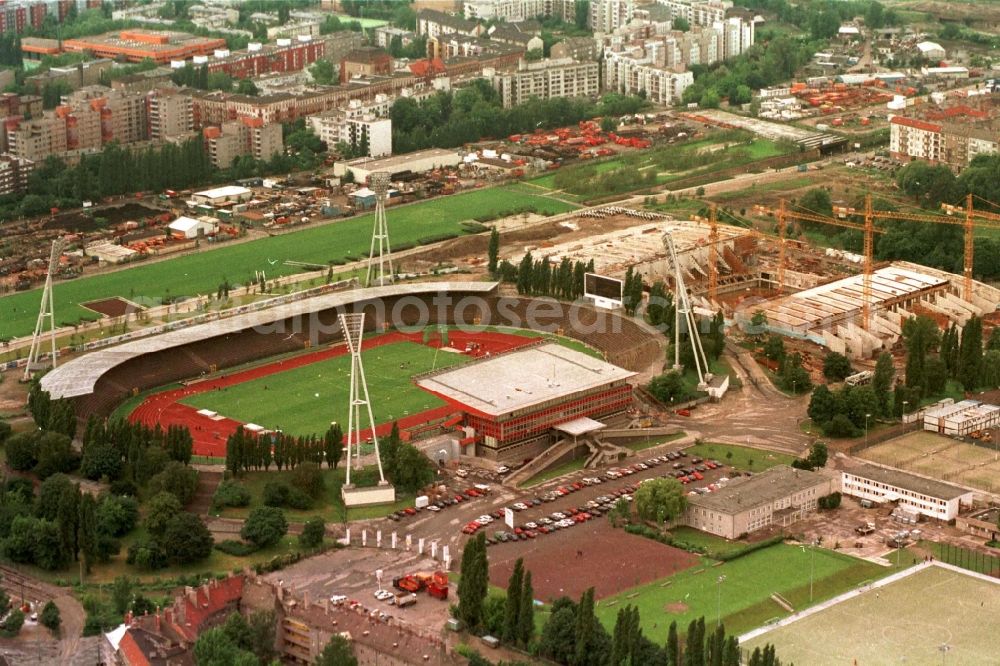 Aerial image Berlin - Construction site for the new building of Max-Schmeling-Halle in Friedrich-Ludwig-Jahn-Sportpark in the district Prenzlauer Berg in Berlin, Germany