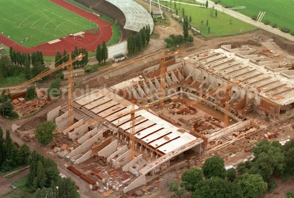 Berlin from above - Construction site for the new building of Max-Schmeling-Halle in Friedrich-Ludwig-Jahn-Sportpark in the district Prenzlauer Berg in Berlin, Germany