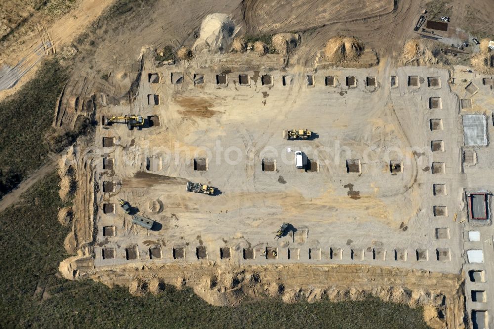 Aerial image Berlin - Construction site for the new building home-center of the Porta-Group at Pilgramer street in the district Mahlsdorf in Berlin