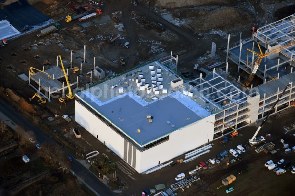 Aerial image Berlin - Construction site for the new building home-center of the Porta-Group at Pilgramer street in the district Mahlsdorf in Berlin