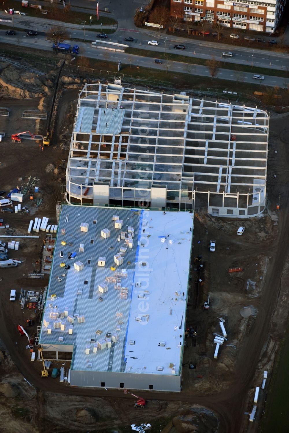 Aerial image Berlin - Construction site for the new building home-center of the Porta-Group at Pilgramer street in the district Mahlsdorf in Berlin