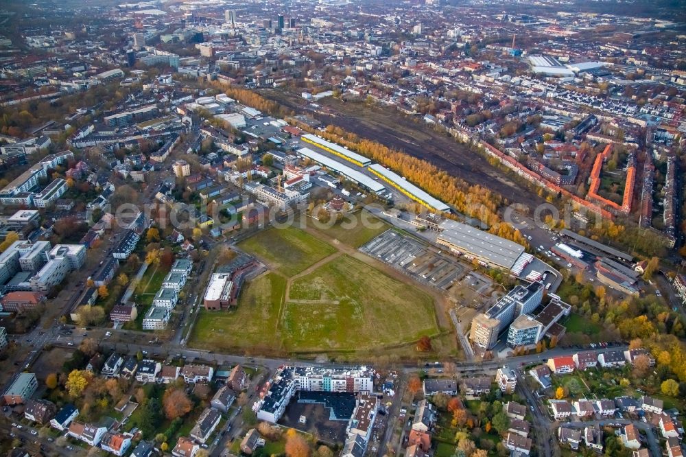 Dortmund from the bird's eye view: Construction site for the new building Mehrfamilienhaus in Dortmund in the state North Rhine-Westphalia, Germany