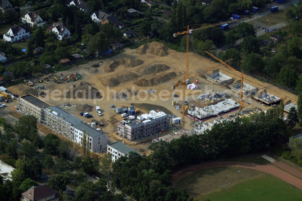 Berlin from above - Construction site for the new building of a residential area and settlement in the Lankwitz part of Berlin in Germany. The project is undertaken by part AG