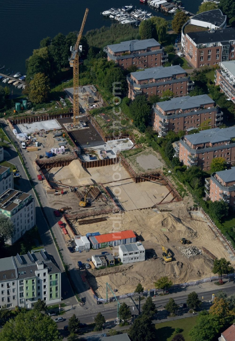 Berlin from above - Construction site to build a new multi-family residential complex Achterdeck on Wendenschlossstrasse in the district Koepenick in Berlin, Germany