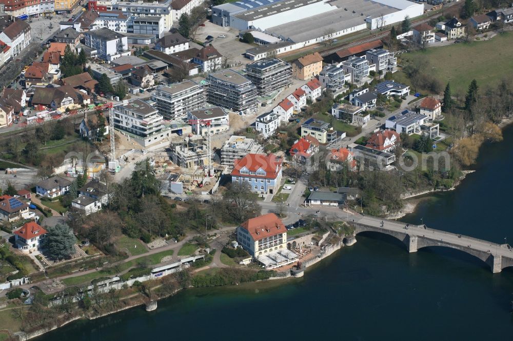 Rheinfelden (Baden) from the bird's eye view: Construction site to build a new multi-family residential complex Adelberg at the Rhine river in Rheinfelden (Baden) in the state Baden-Wuerttemberg, Germany