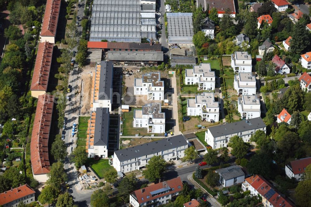 Berlin from above - Construction site to build a new multi-family residential complex ALTE GAeRTNEREI of PROJECT Immobilien Wohnen AG on Sundgauer Strasse corner Schlettstadter Strasse in Berlin, Germany