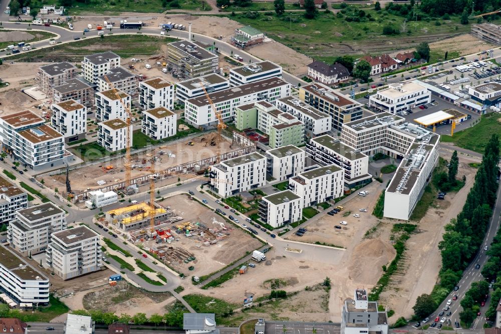 Freiburg im Breisgau from above - Construction site to build a new multi-family residential complex Alter Gueterbahnhof in Freiburg im Breisgau in the state Baden-Wuerttemberg, Germany