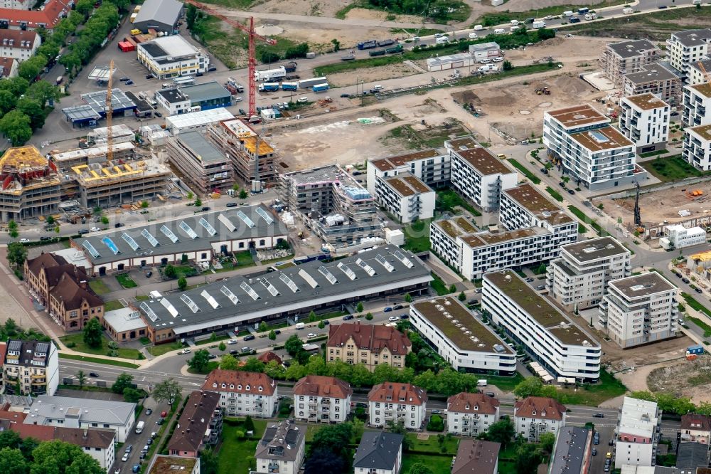 Freiburg im Breisgau from the bird's eye view: Construction site to build a new multi-family residential complex Alter Gueterbahnhof in Freiburg im Breisgau in the state Baden-Wuerttemberg, Germany