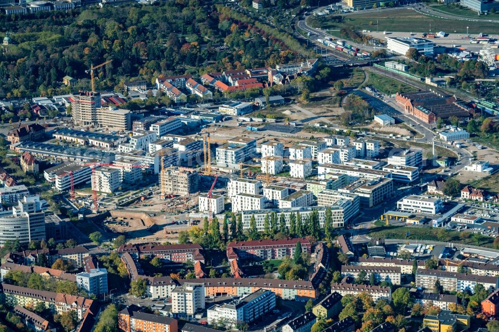 Aerial image Freiburg im Breisgau - Construction site to build a new multi-family residential complex Alter Gueterbahnhof in Freiburg im Breisgau in the state Baden-Wurttemberg, Germany