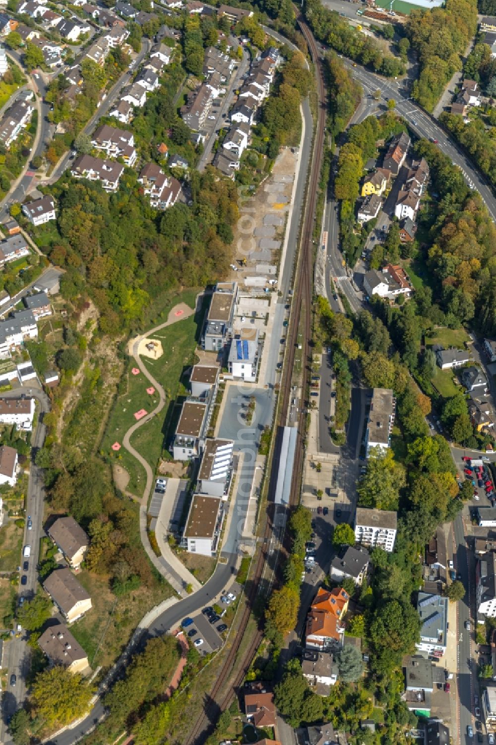 Herdecke from above - Construction site to build a new multi-family residential complex Alter Steinbruch on Ladestrasse in Herdecke in the state North Rhine-Westphalia, Germany