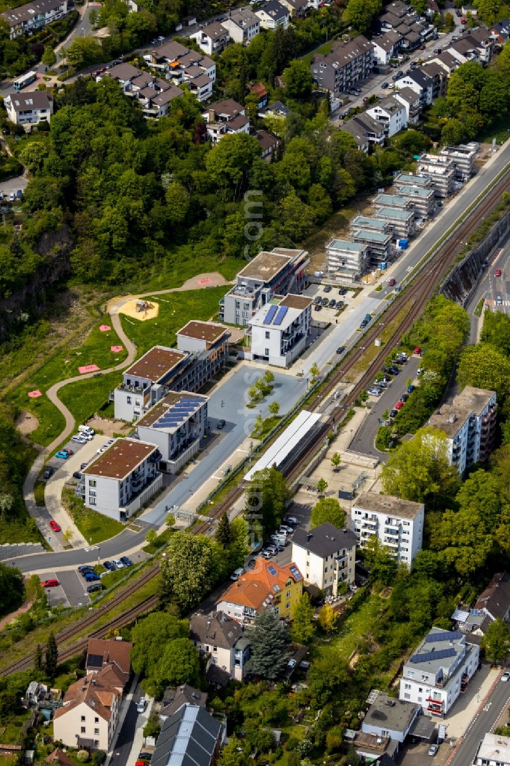 Herdecke from the bird's eye view: Construction site to build a new multi-family residential complex Alter Steinbruch on Ladestrasse in Herdecke in the state North Rhine-Westphalia, Germany