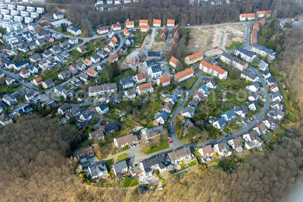 Arnsberg from above - Construction site to build a new multi-family residential complex of Arnsberger Wohnungsbaugenossenschaft on Hardenbergstrasse - Zum Mueggenberg - Scharnhorststrasse in the district Neheim in Arnsberg in the state North Rhine-Westphalia, Germany