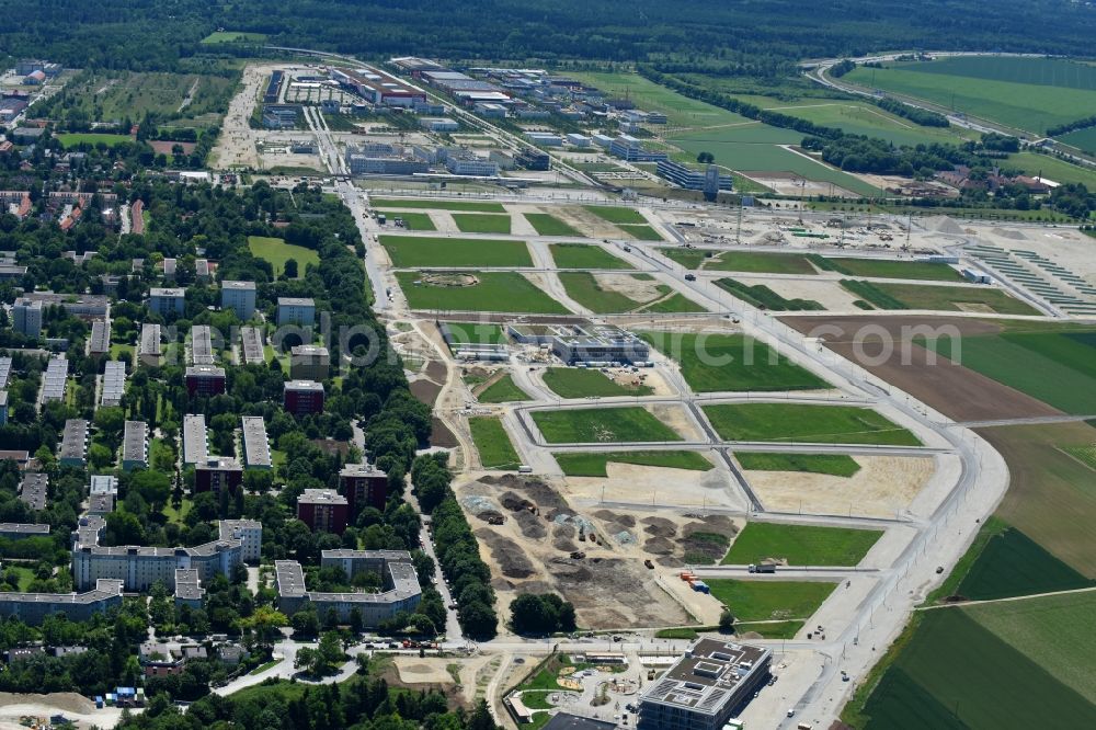 München from above - Construction site to build a new multi-family residential complex Aubinger Allee in the district Aubing-Lochhausen-Langwied in Munich in the state Bavaria, Germany