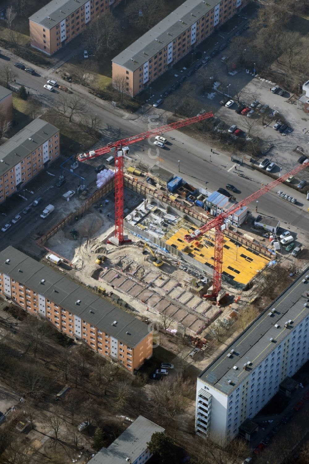 Berlin from above - Construction site to build a new multi-family residential complex Balatonstrasse Ecke Volkradstrasse in the district Friedrichsfelde in Berlin