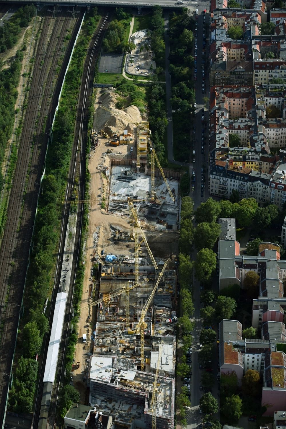 Berlin from above - Construction site to build a new multi-family residential complex on Bautzener Strasse in Berlin, Germany