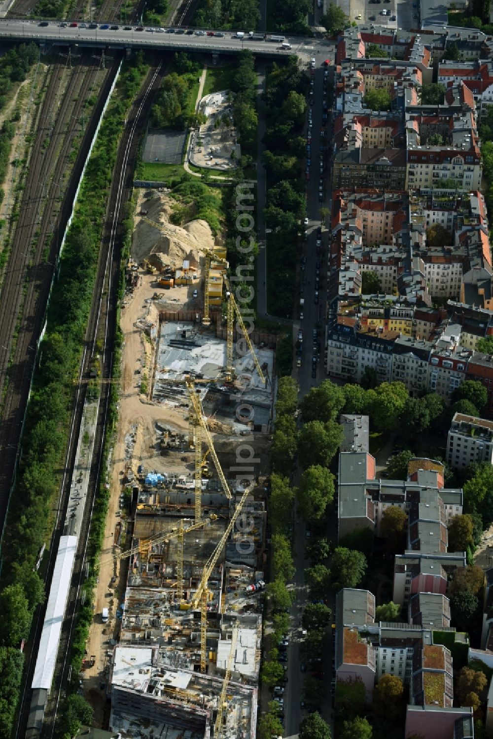 Berlin from the bird's eye view: Construction site to build a new multi-family residential complex on Bautzener Strasse in Berlin, Germany