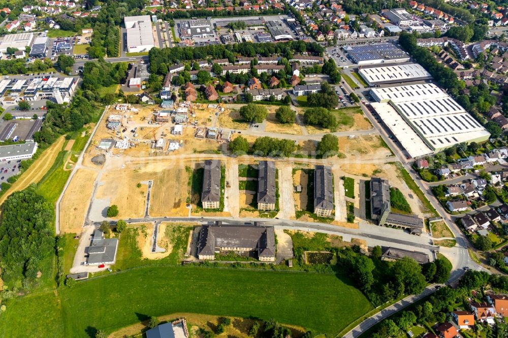 Aerial photograph Soest - Construction site to build a new multi-family residential complex Belgisches Viertel Soest on Meiningser Weg in Soest in the state North Rhine-Westphalia, Germany