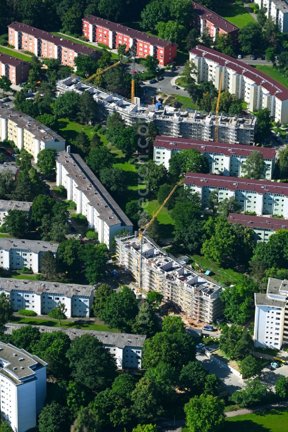 Aerial image Nürnberg - Construction site to build a new multi-family residential complex on Bernadottestrasse - Nansenstrasse - Ossietzkystrasse in the district Suendersbuehl in Nuremberg in the state Bavaria, Germany