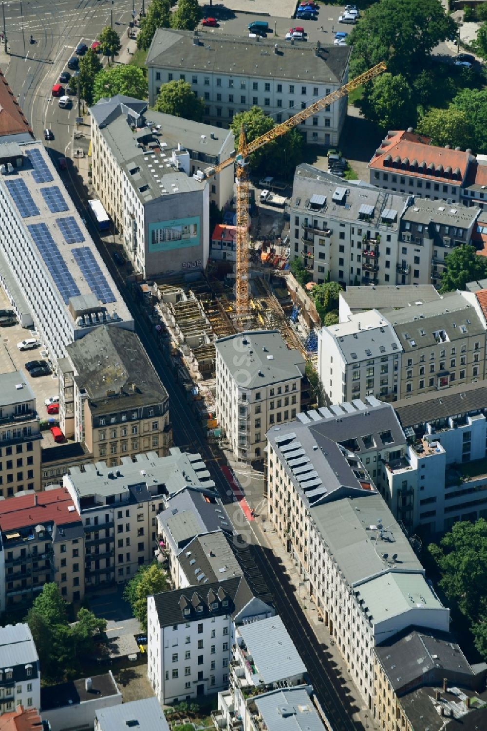 Leipzig from above - Construction site to build a new multi-family residential complex of Bonava Deutschland GmbH on Lortzingstrasse in Leipzig in the state Saxony, Germany